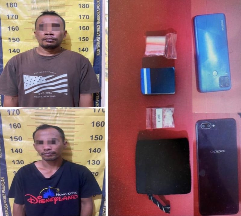 Tersangka DS (29 thn) dan KR (35 thn) warga Desa Dayurejo, Prigen saat diamankan Satresnarkoba Polres Pasuruan (foto: ist)