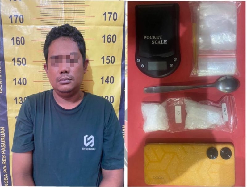 Tersangka MT (42 thn), warga Desa Martopuro, Purwosari, dengan BB total 49,75 gram (foto: ist)