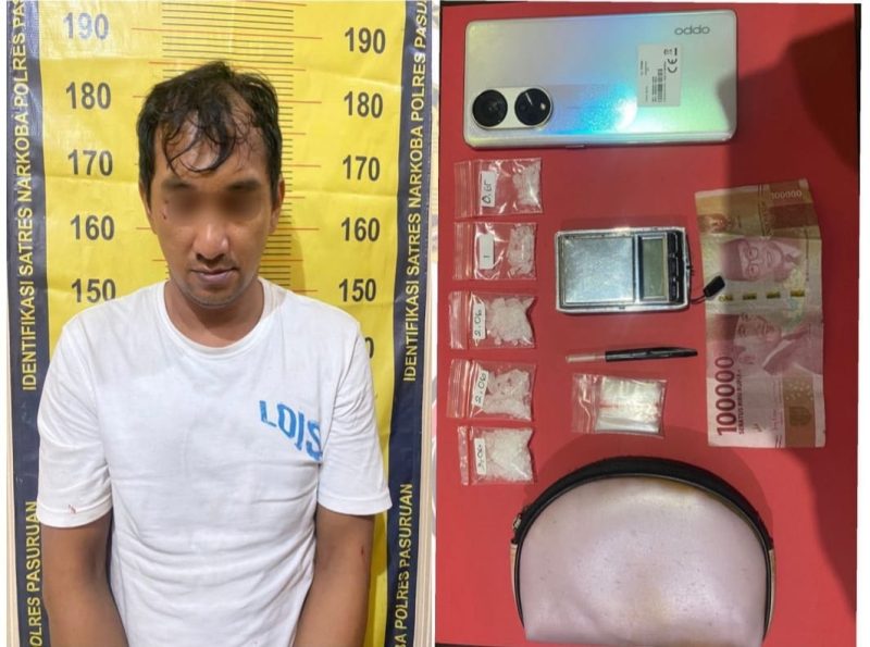 AT (40) warga Desa Sengonagung, Kecamatan Purwosari, diamankan di Mapolres Pasuruan, total BB (8,83 gram), (foto: ist)