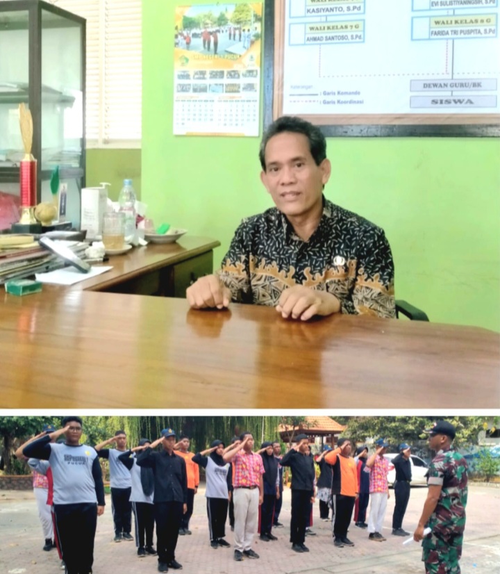 Kacung Budi Santoso, SPd MPd, selaku Kepala Sekolah SMPN 1 Pucuk dan Siswa yang berlatih PBB, persiapan untuk ikuti Lomba (Dok. Harianjatim.id)