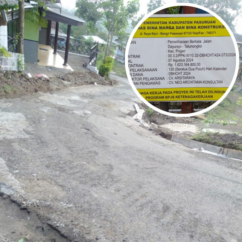 Lokasi Proyek Pemeliharaan Berkala Jalan Dayurejo- Talunongko, Kecamatan Prigen, Kabupaten Pasuruan, nampak tidak ada aktifitas pekerjaan  ( Dok. Harianjatim.id)