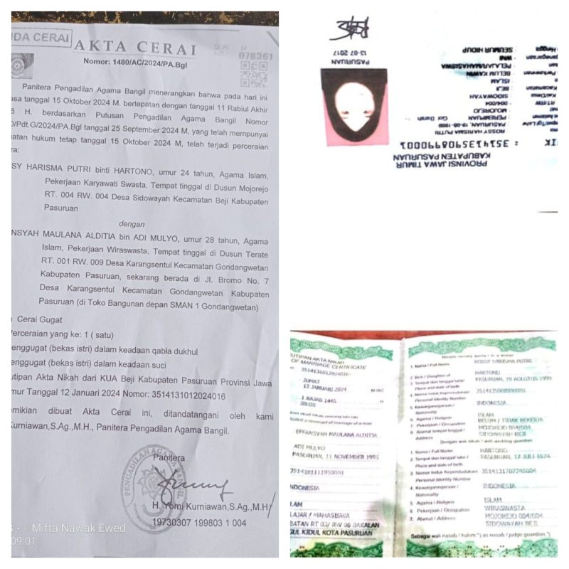 Foto : Kutipan Akte Cerai dan Akte Nikah Saudara EMA (30 tahun), Pekerjaan sesungguhnya sebagai Pegawai PPPK Dinas Pertanian (Dok. Harianjatim.id)