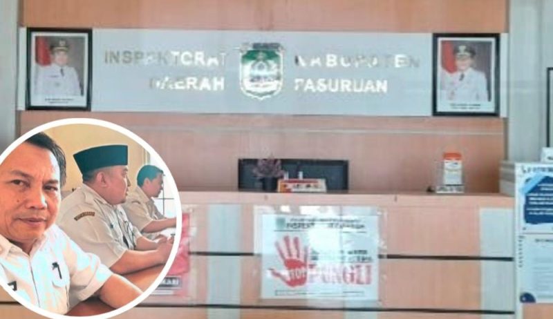 Inspektor Daerah Kabupaten Pasuruan, Dwi Anto didampingi Kholid (Irban) dan Camat Purwosari Munif Triatmoko saat dikonfirmasi awak media di Kantor Inspektorat Pusat Perkantoran Raci (Dok.Harianjatim.id)