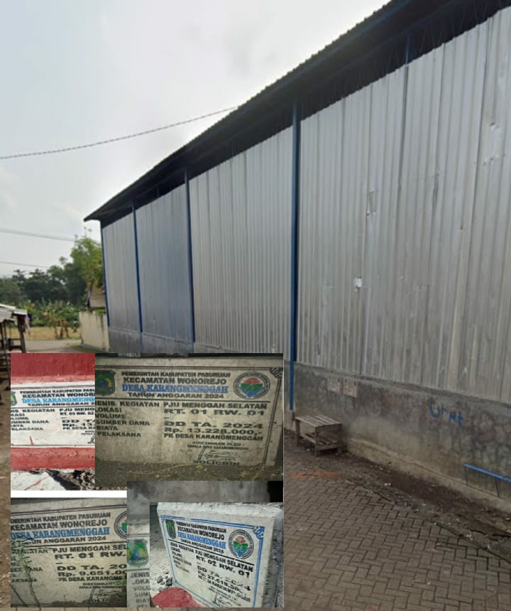 Gedung Futsal dan beberapa prasasti pembangunan Desa Karangtengah, Kecamatan Wonorejo, Kabupaten Pasuruan yang diduga bermasalah (Dok.Harianjatim.id) 